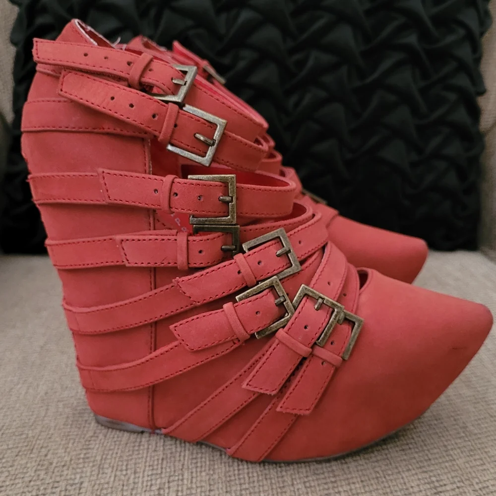 JEFFREY CAMPBELL ZIP 2 BRICK RED SUEDE PLATFORM WEDGES